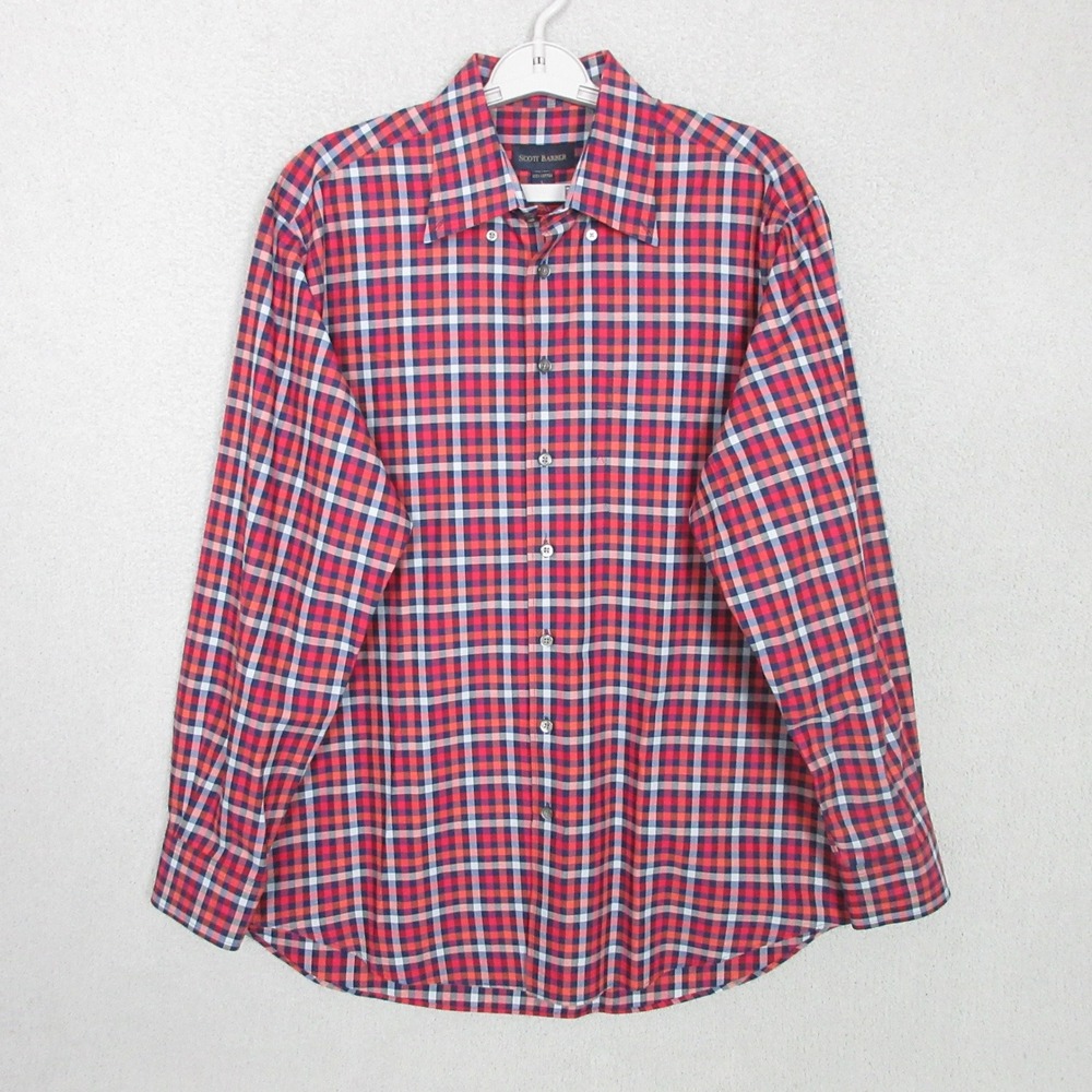 Scott Barber Mens Large Red Navy Blue Multi Check Cotton Button Down Shirt‎
